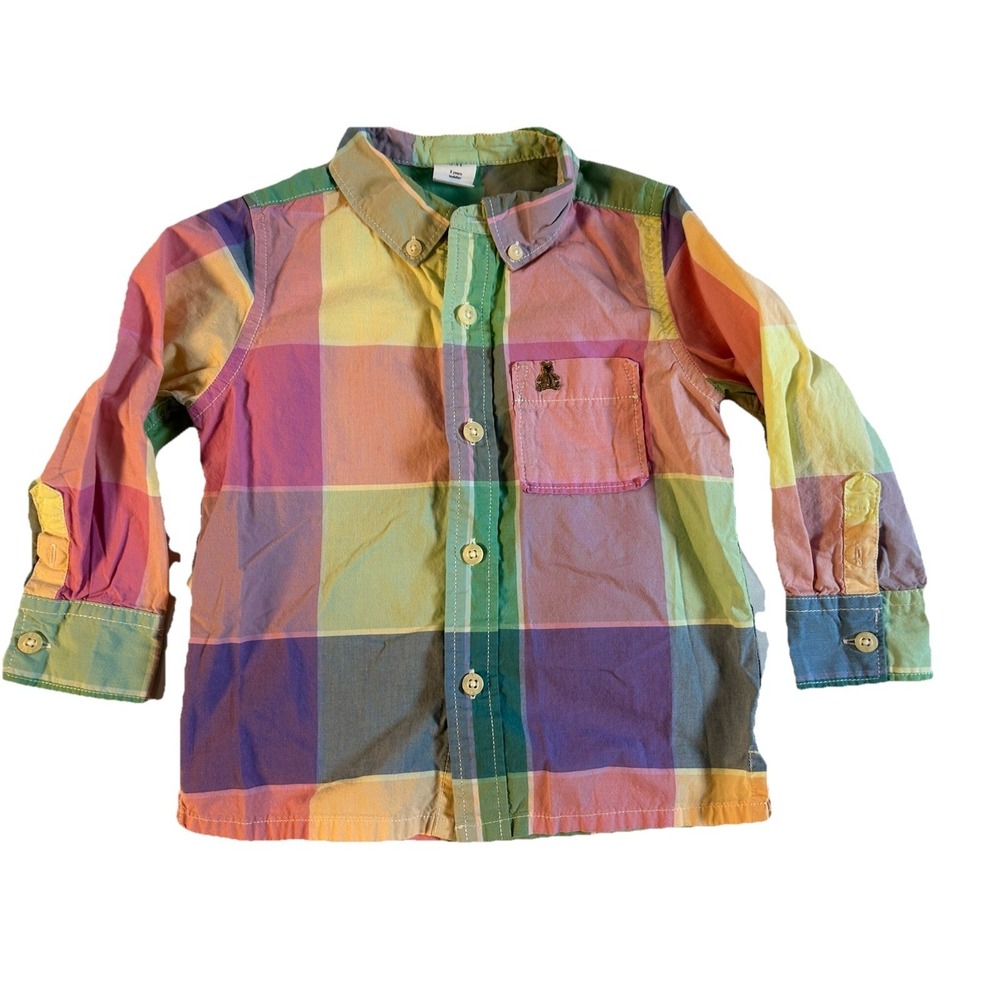 Baby Gap Boys' Long Sleeve Plaid Button-Shirt Multicolor Bear Logo Formal  2T
